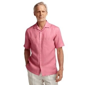 Paul Fredrick Shirt Size L Pink 100% Linen Button Up Short Sleeve Pockets Resort